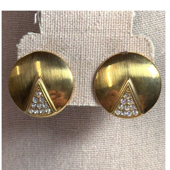 French Vtg Gold Tone Triangle Crystal Round Clip On Earrings Geometric Art Deco - Picture 2 of 5